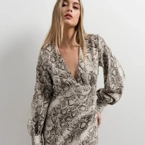 Robe Animal Midi Imprimé Python Col Cache-Cœur Manches Bouffantes Élégante et Fluide