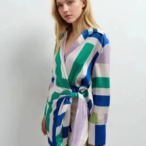 Robe Portefeuille Géométrique Midi Imprimée - Élégance Confort Pour Toutes Occasions