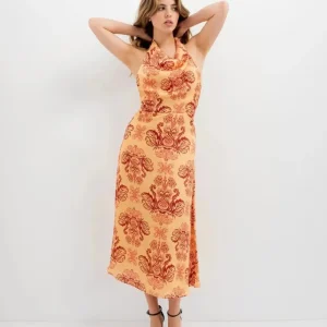 Robe Midi Dos Nu Évasée Orange Imprimée Chic – Élégance Et Confort Pour Toutes Occasions