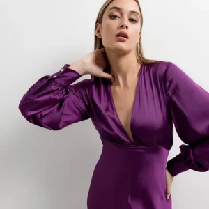 Robe Soirée En Satin Midi Violette À Manches Longues, Élégante Et Confortable