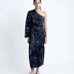 Robe Asymétrique Satinée Noire Imprimé Marbre