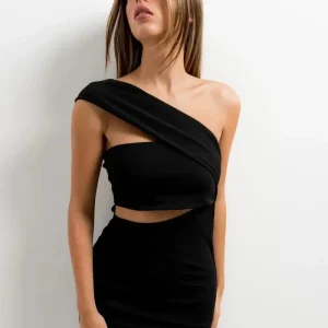 Robe midi noire asymétrique ajourée