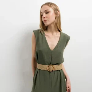 Combinaison Femme Chic Olive, Sans Manches Col V, Élégance et Confort