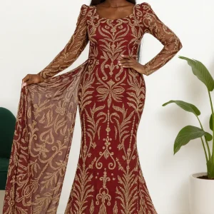 Hafsoit Mode – Robe sirène longue bordeaux brodée or avec manches longues et traîne – Tenue de soirée chic et élégante