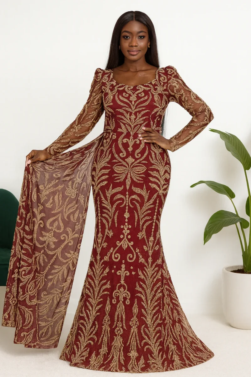 Hafsoit Mode – Robe sirène longue bordeaux brodée or avec manches longues et traîne – Tenue de soirée chic et élégante