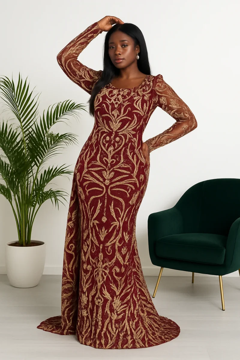 Hafsoit Mode – Robe sirène longue bordeaux brodée or avec manches longues et traîne – Tenue de soirée chic et élégante – Image 3