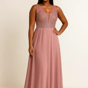 ✨ Robe de soirée longue mauve à haut pailleté et décolleté en V – Élégance raffinée ✨