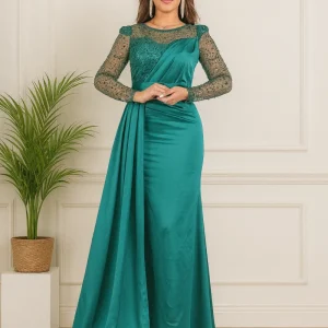Robe de soirée longue verte satin & sequins – Élégance Hafsoit Mode