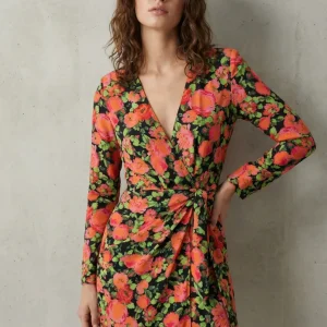 Robe Portefeuille courte Fleuri Noir Et Rose Manches Longues