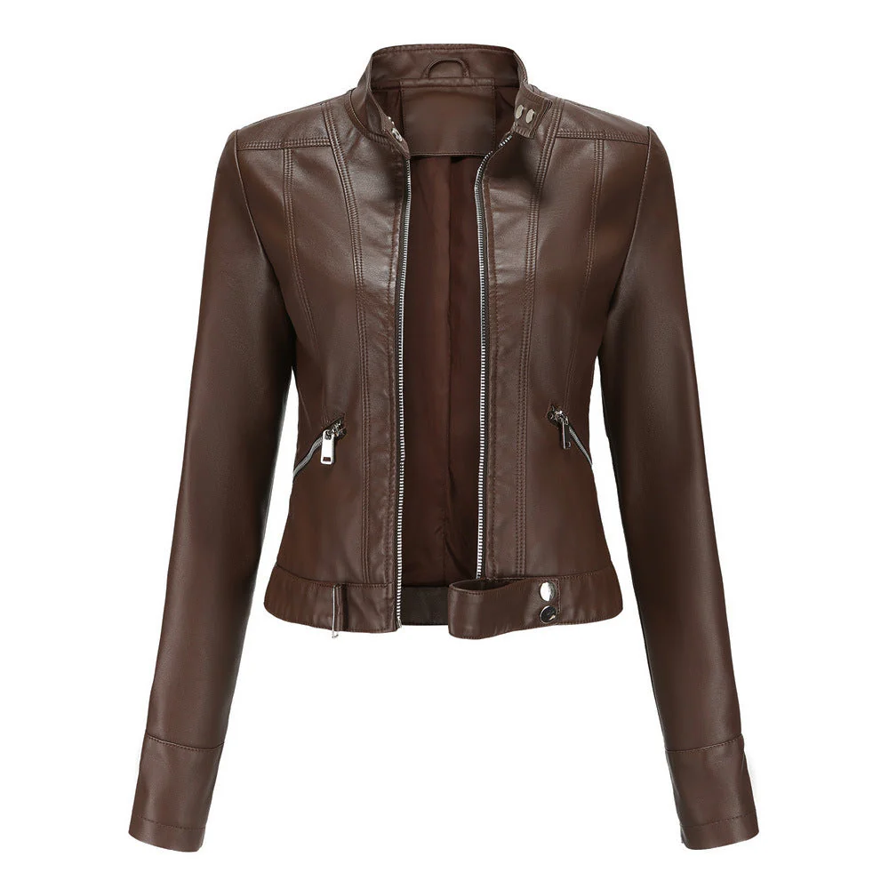 Veste en cuir pour femmes avec fermeture éclair, col montant et ceinture - Édition Automne – Image 4