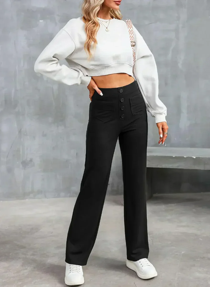 Pantalon femme taille haute, boutonné et extensible – Image 3